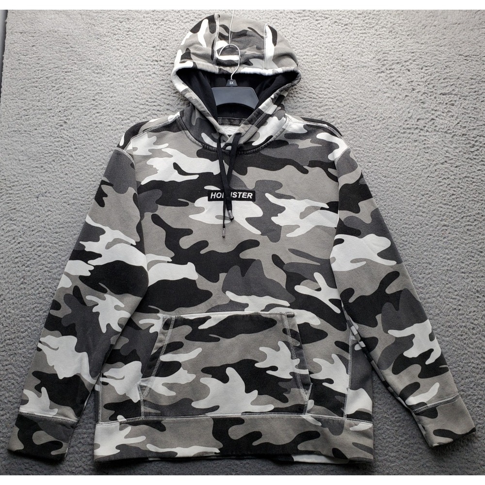 Hollister Hoodie Men XL Multi Camo Graphic Logo Fleece Lined Drawstring Pullover